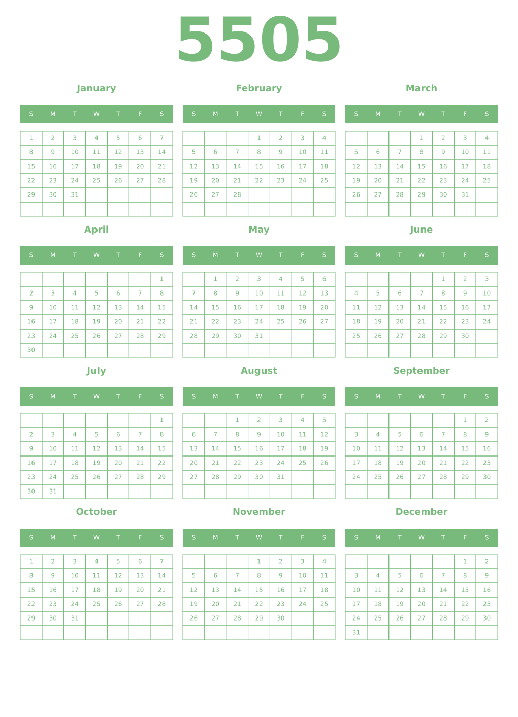 Printable 5505 Year Calendars celadon
