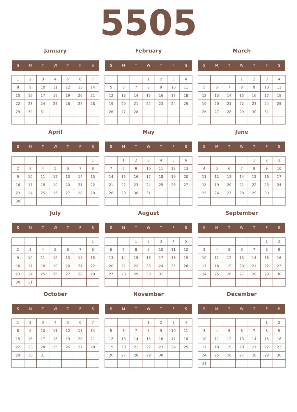 Printable 5505 Year Calendars coffe