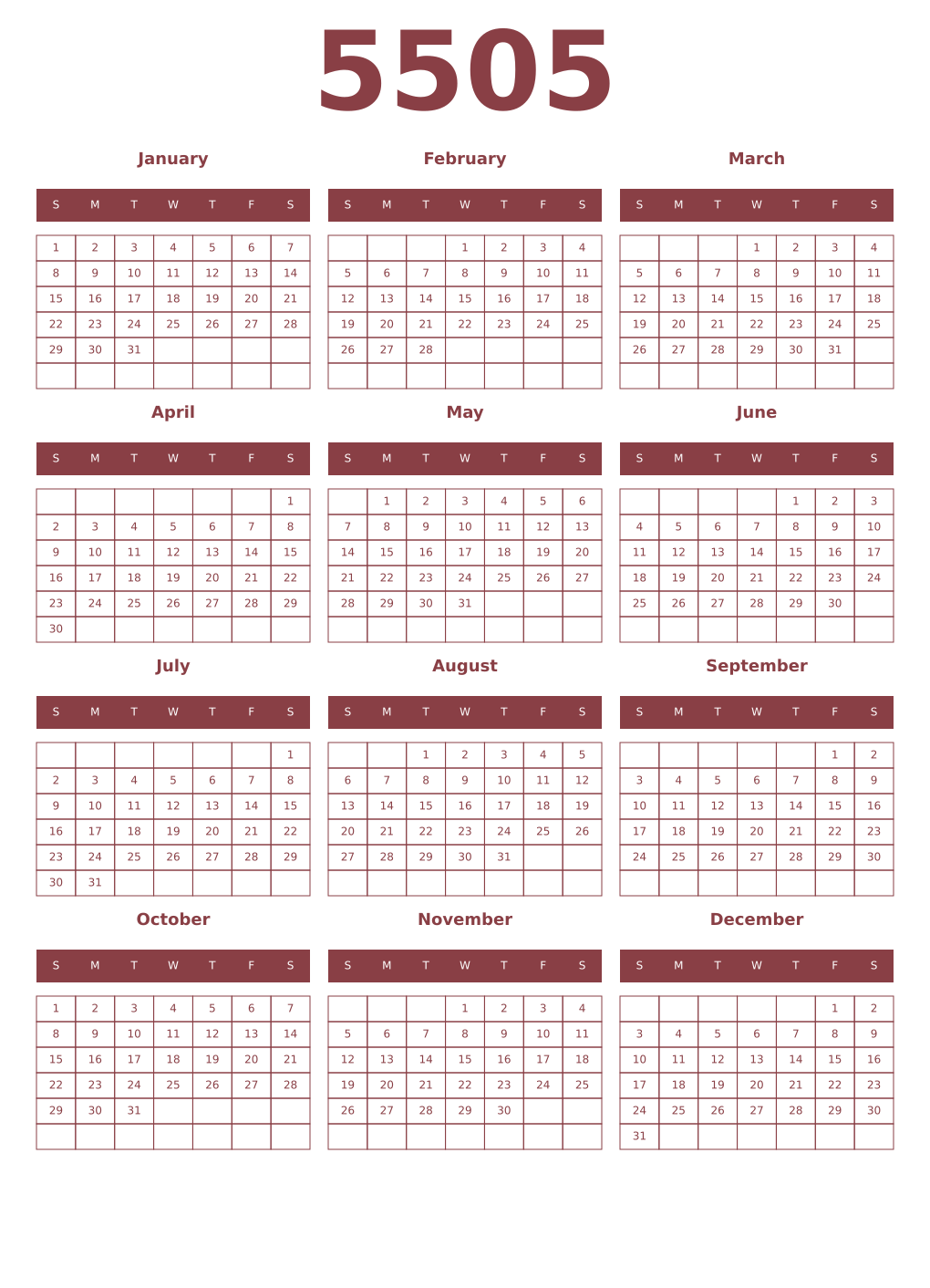 Printable 5505 Year Calendars cordovan