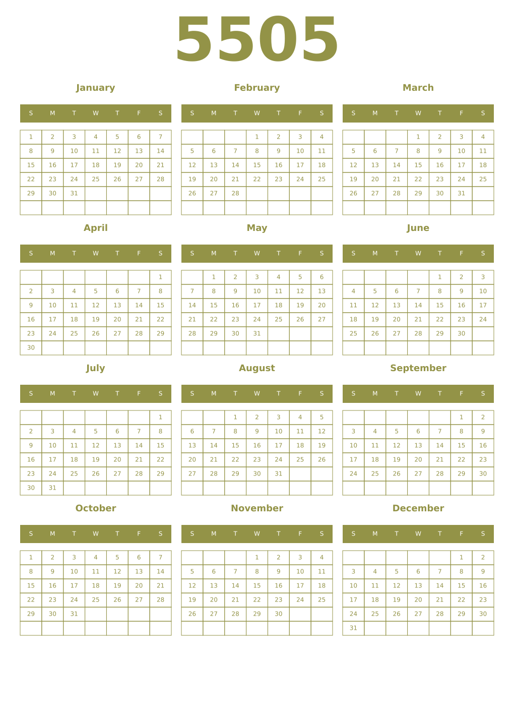 Printable 5505 Year Calendars eburnean