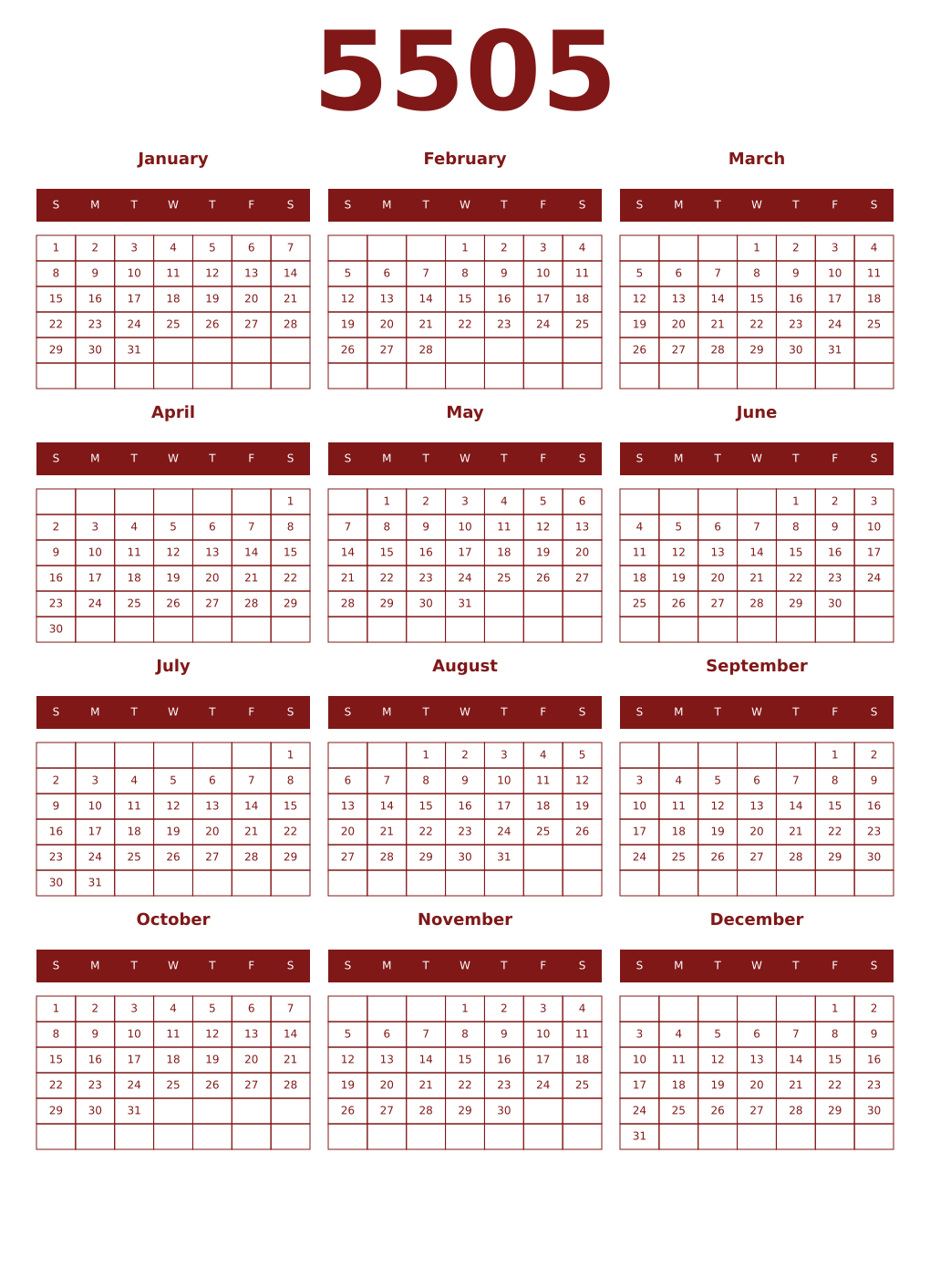 Printable 5505 Year Calendars falu