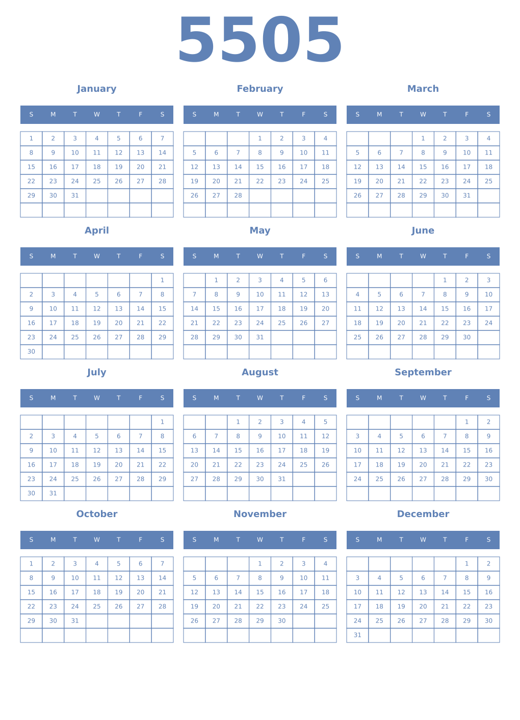 Printable 5505 Year Calendars glaucous