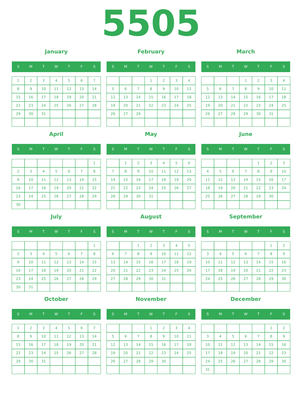 Printable 5505 Year Calendars green