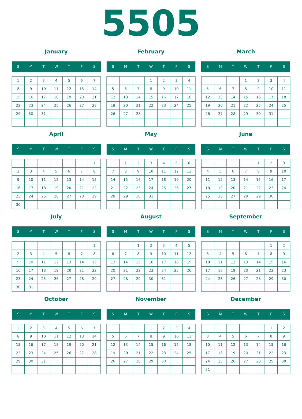 Printable 5505 Year Calendars pastel