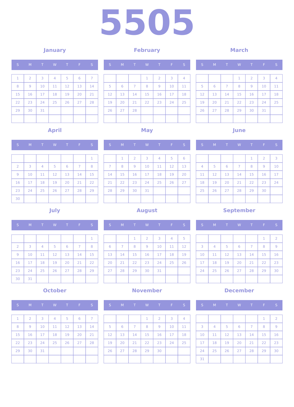 Printable 5505 Year Calendars periwinkle