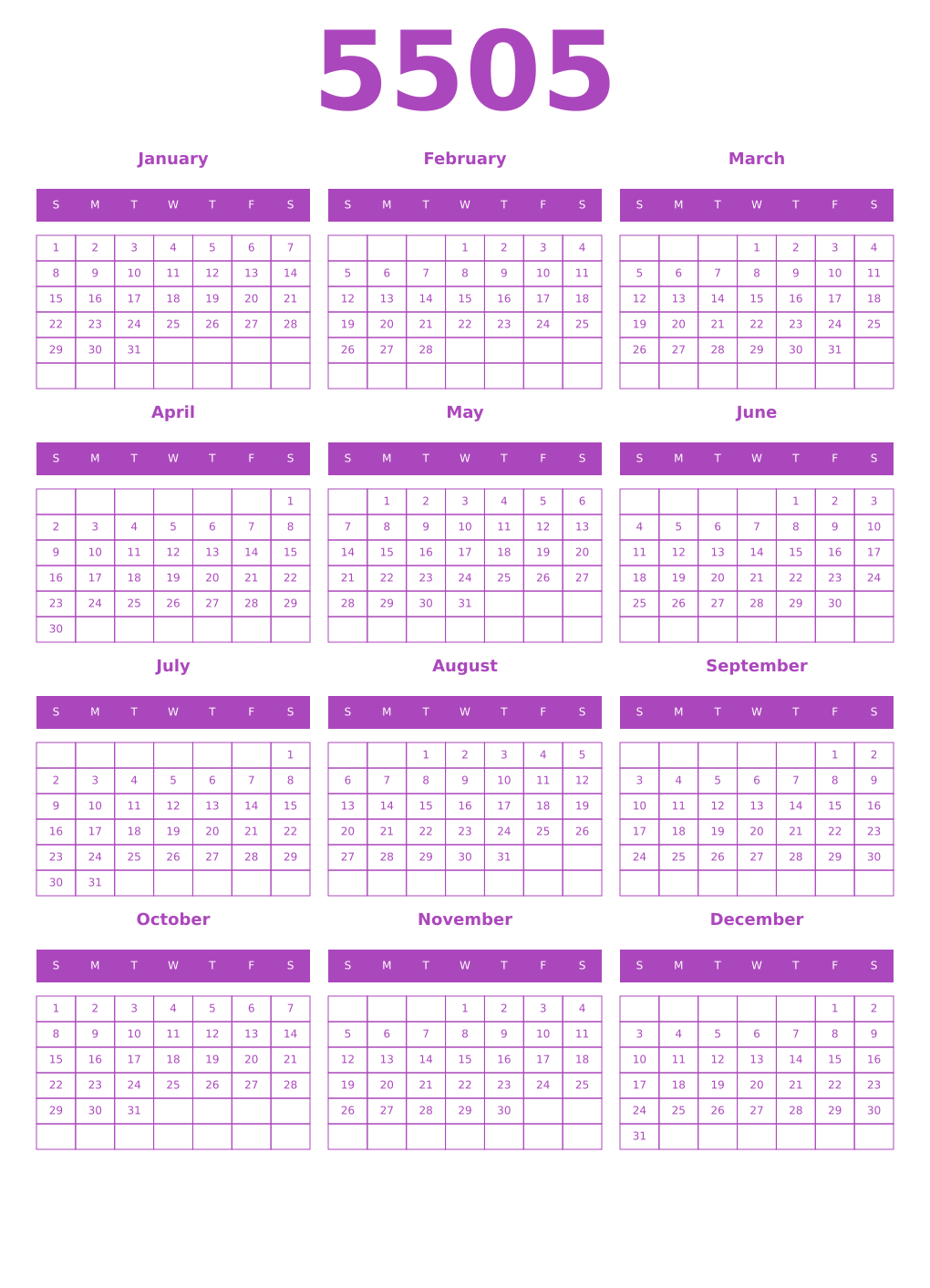 Printable 5505 Year Calendars purple
