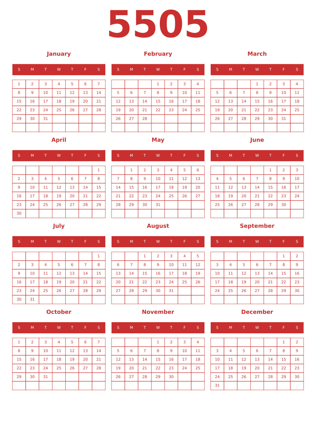 Printable 5505 Year Calendars red