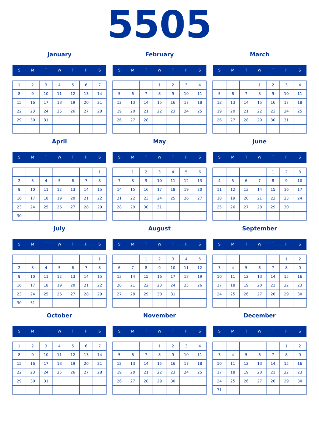 Printable 5505 Year Calendars smalt