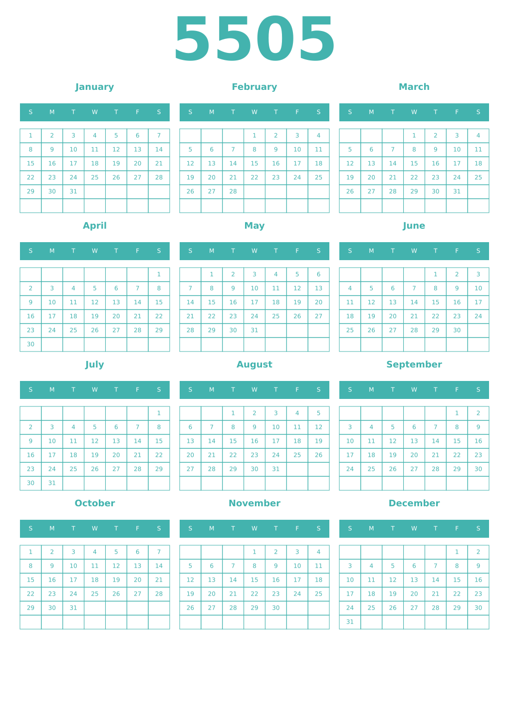 Printable 5505 Year Calendars verdigris