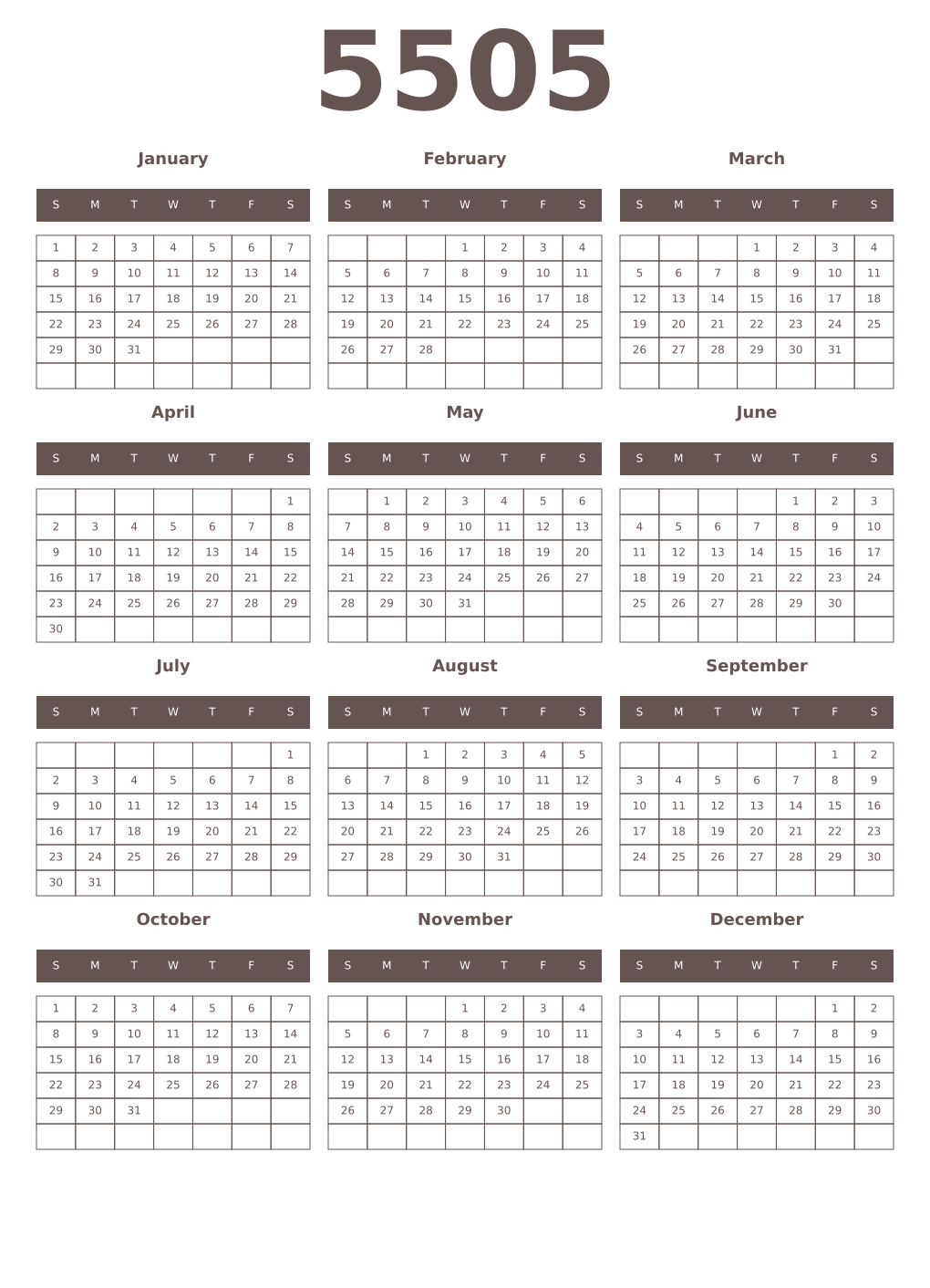Printable 5505 Year Calendars wenge