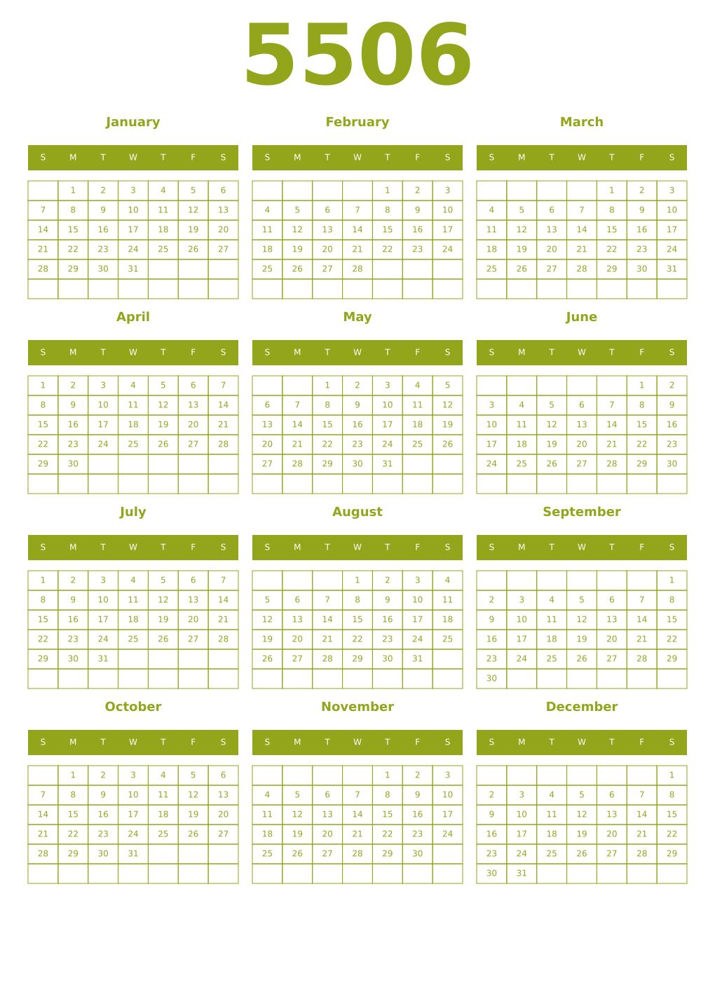 Printable 5506 Year Calendars chartreuse