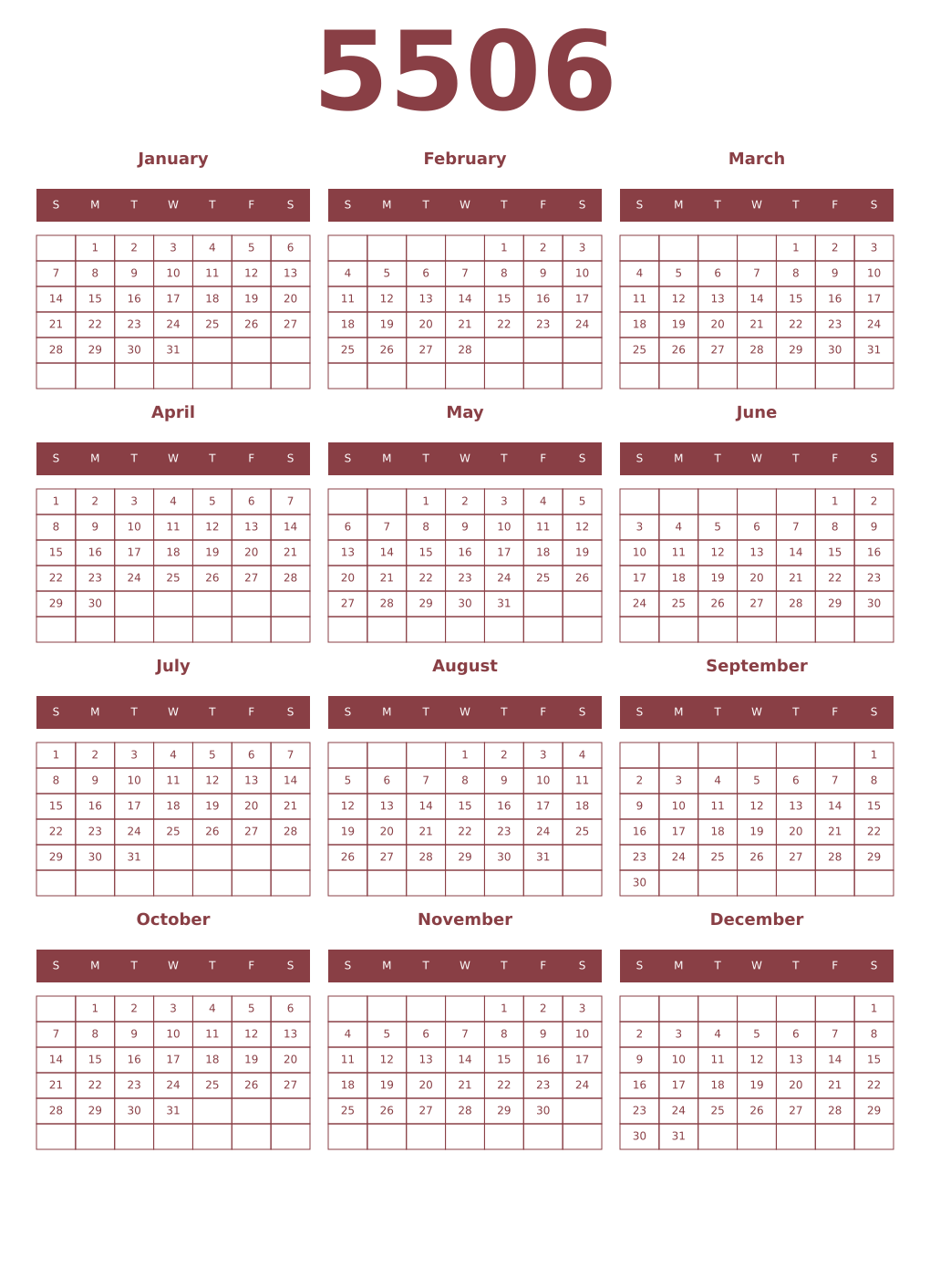 Printable 5506 Year Calendars cordovan
