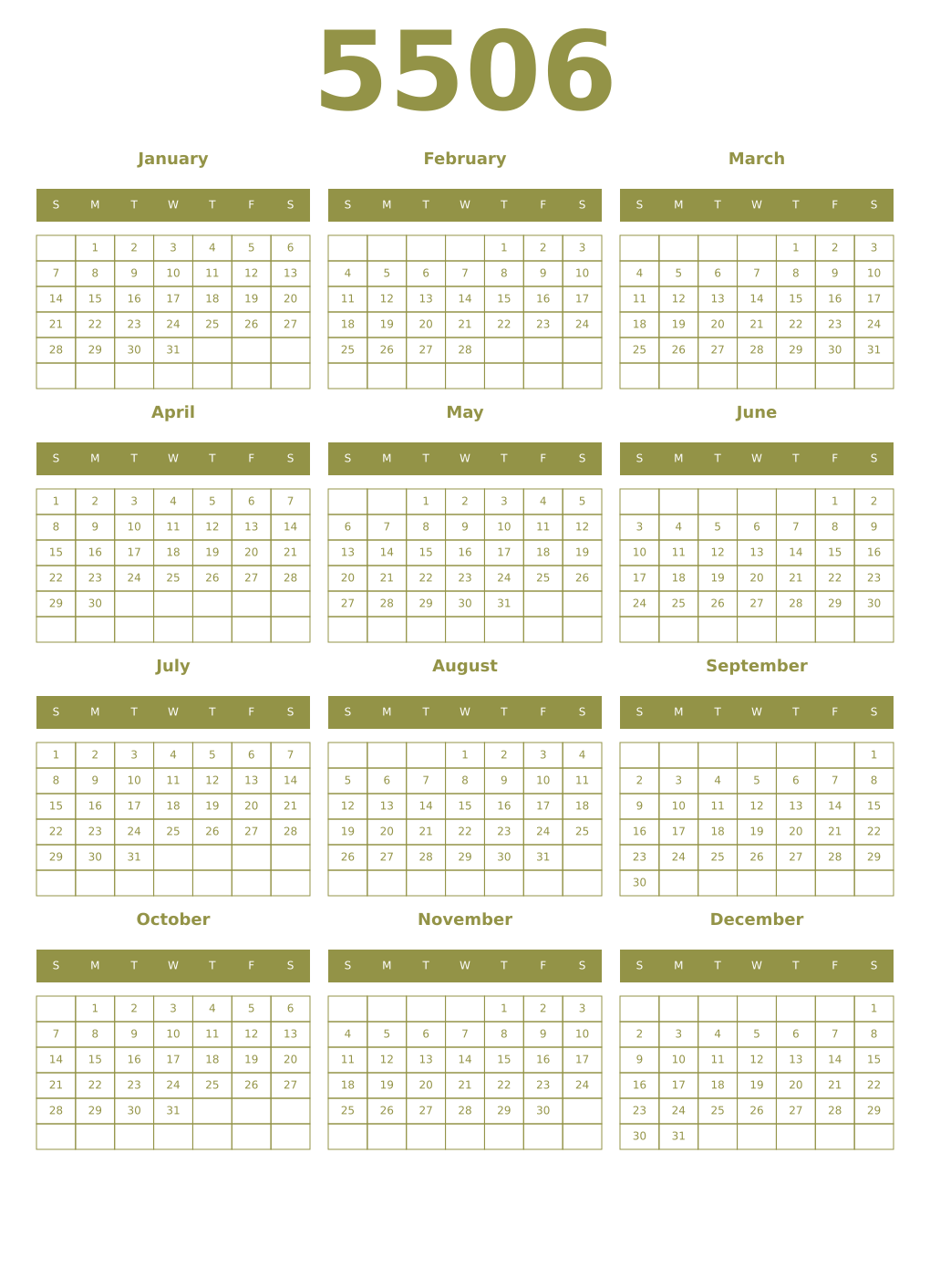 Printable 5506 Year Calendars eburnean