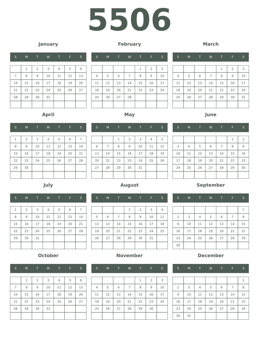 Printable 5506 Year Calendars feldgrau