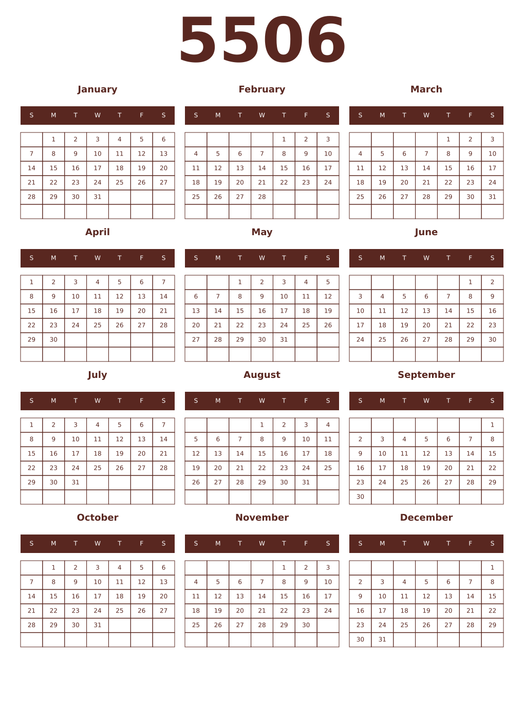 Printable 5506 Year Calendars mortuum