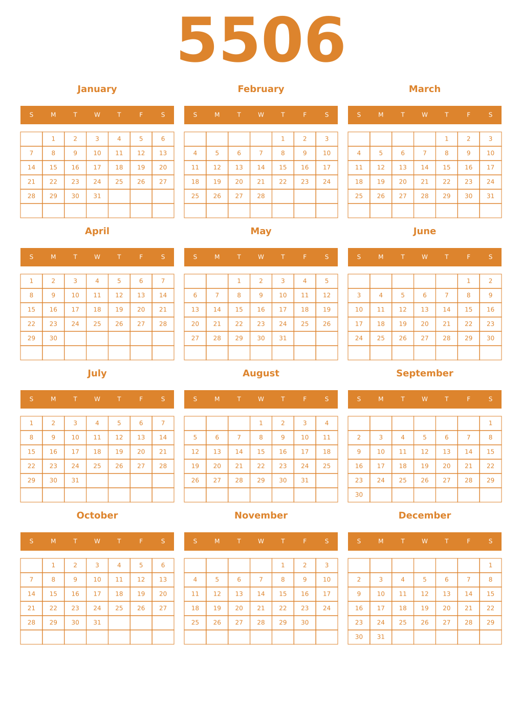 Printable 5506 Year Calendars orange