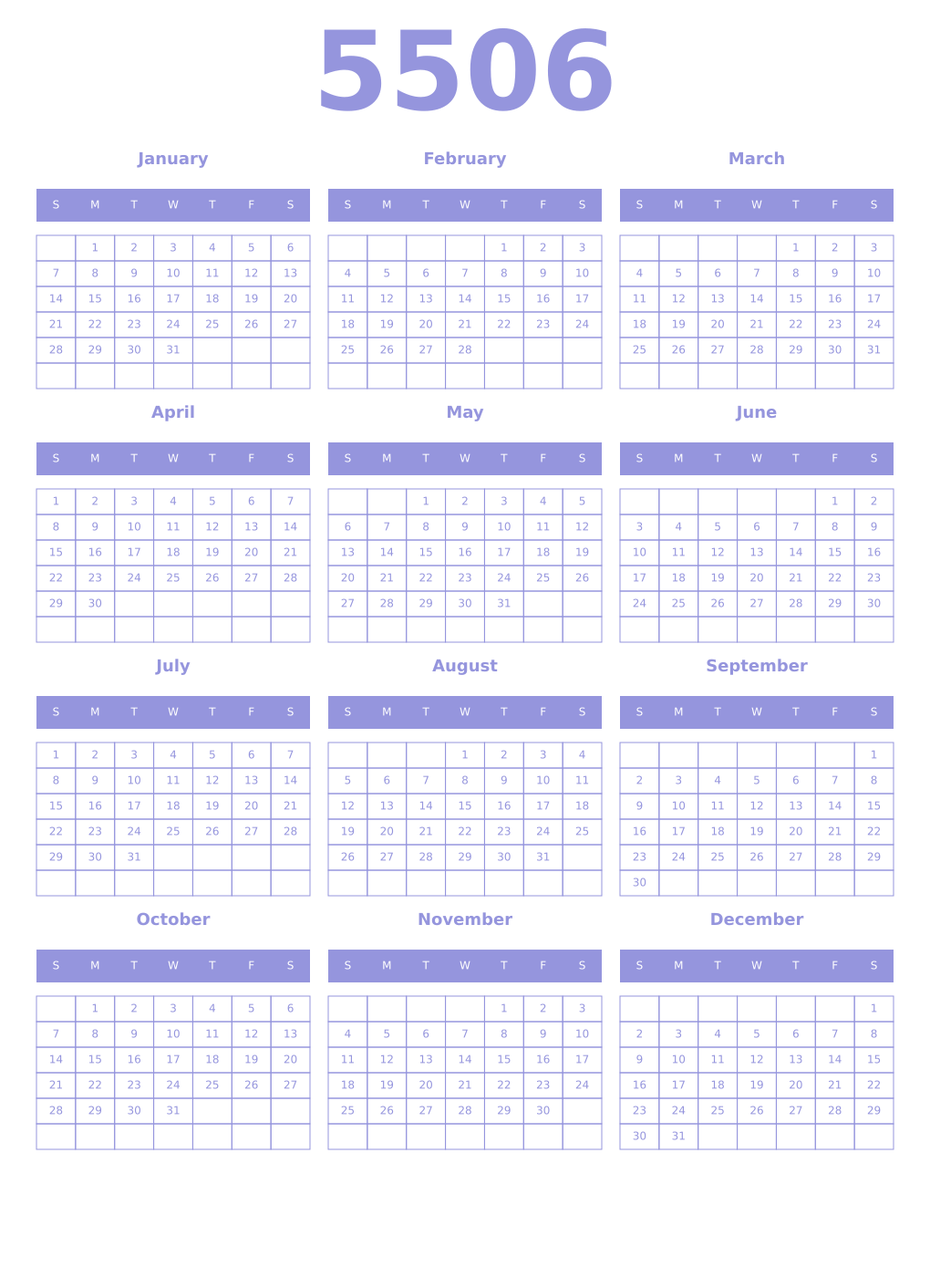 Printable 5506 Year Calendars periwinkle