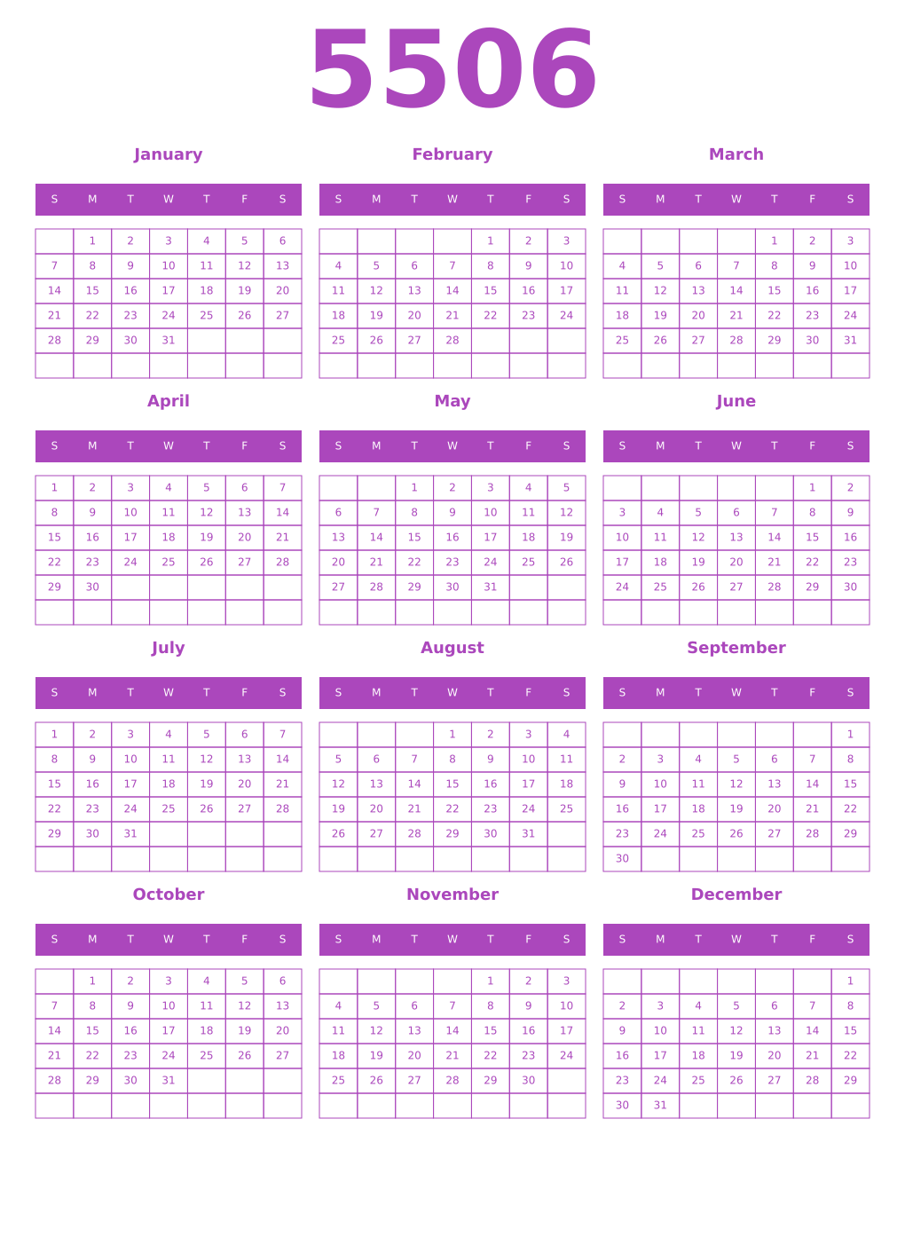 Printable 5506 Year Calendars purple