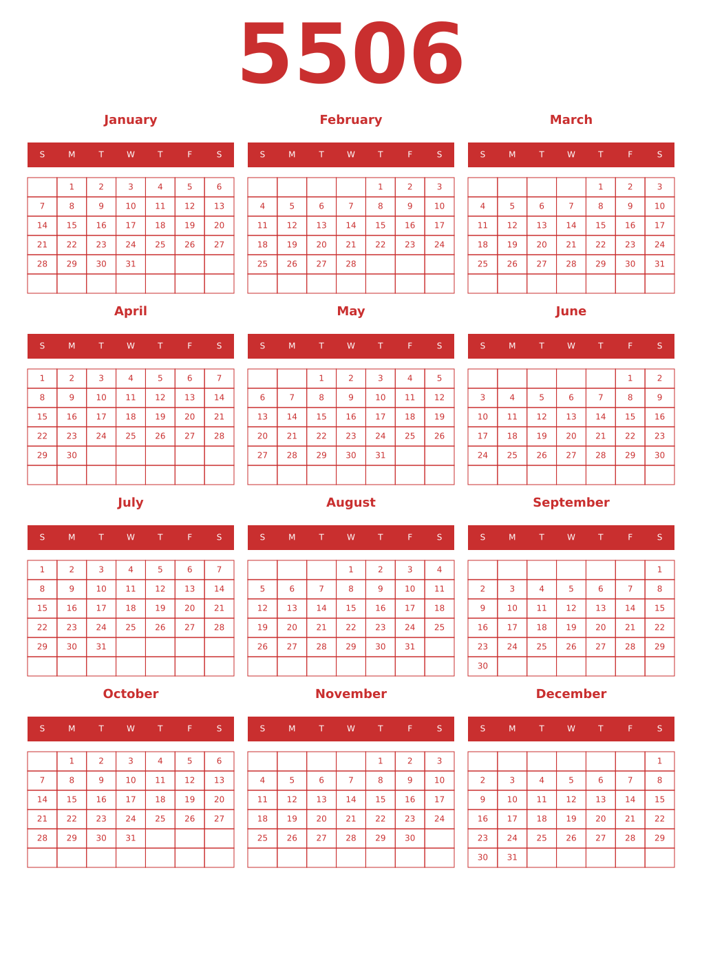 Printable 5506 Year Calendars red
