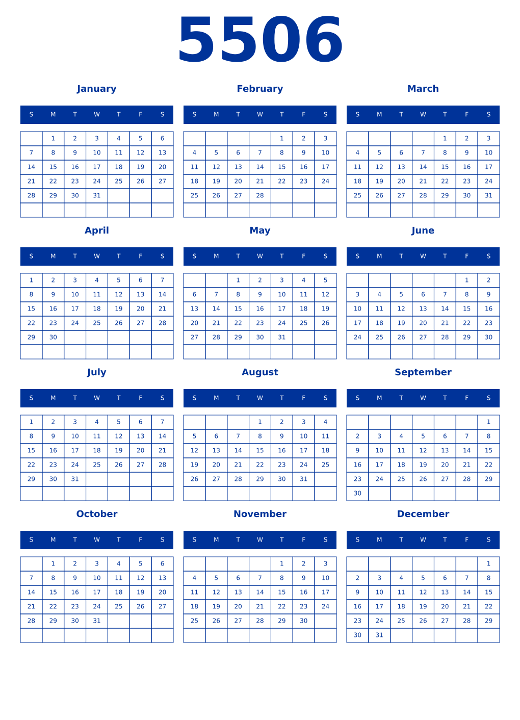 Printable 5506 Year Calendars smalt
