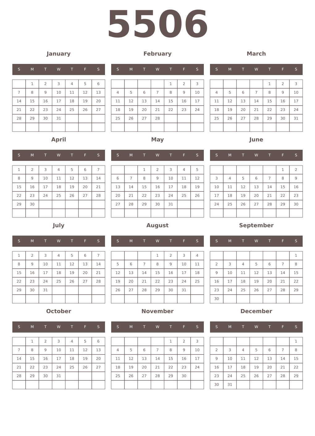 Printable 5506 Year Calendars wenge