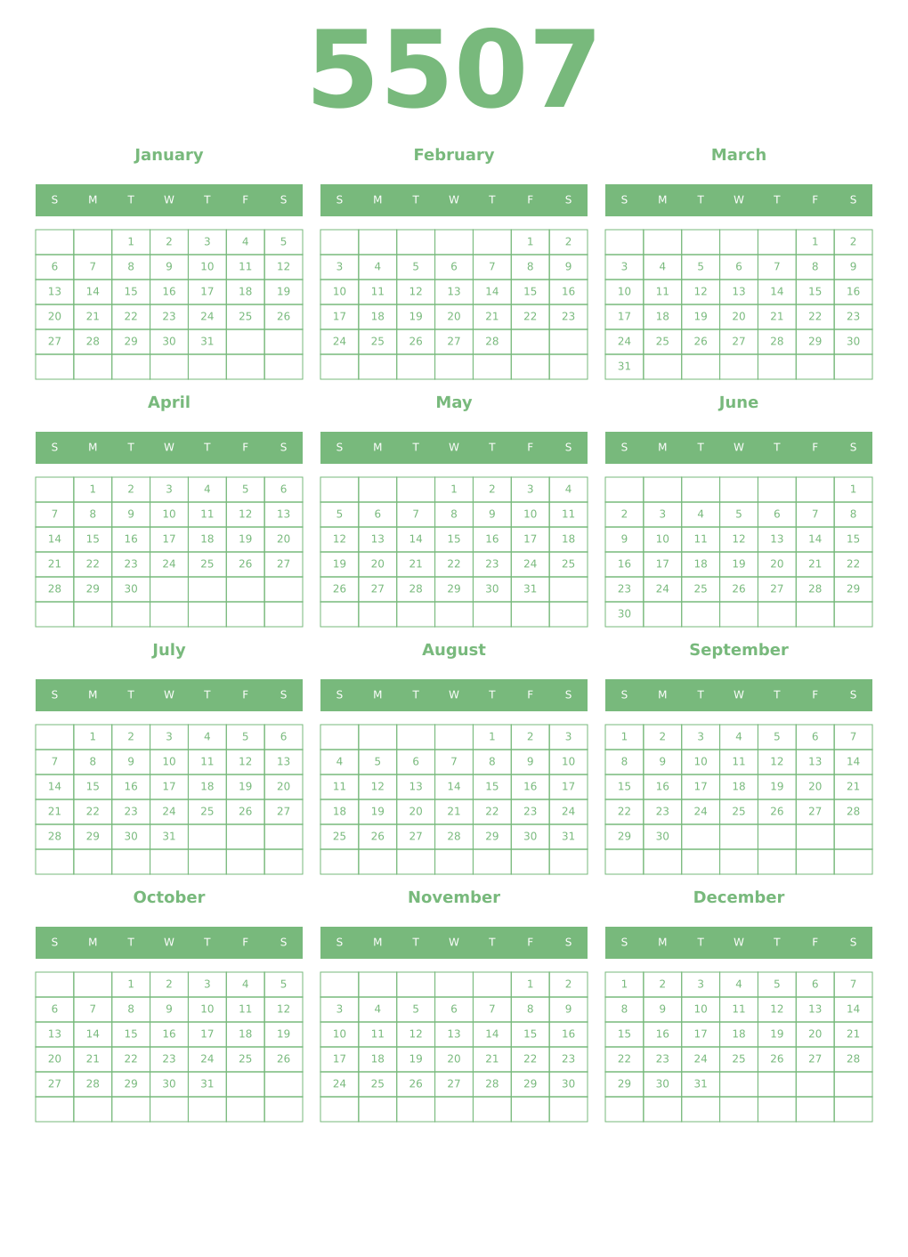 Printable 5507 Year Calendars celadon