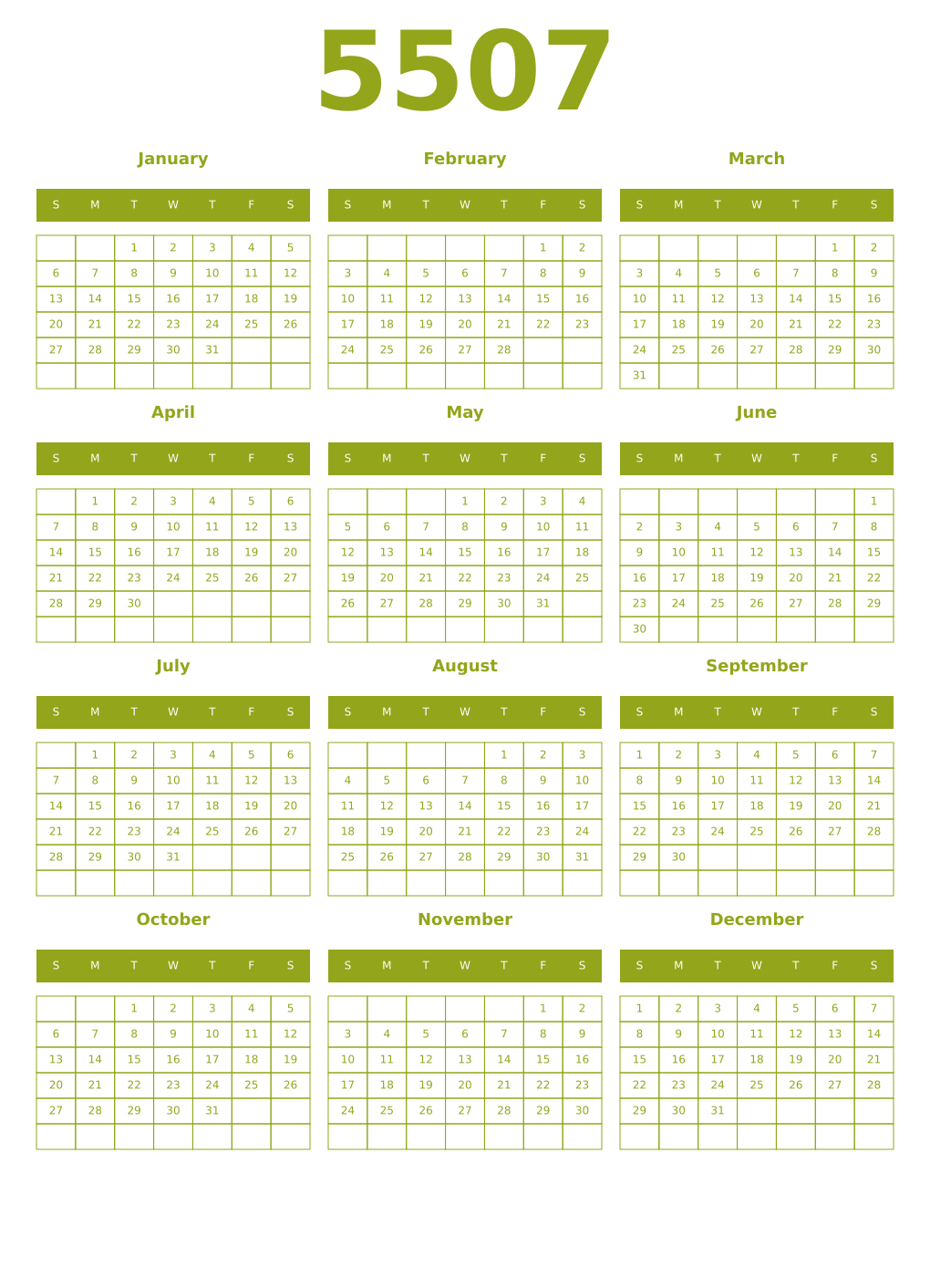 Printable 5507 Year Calendars chartreuse