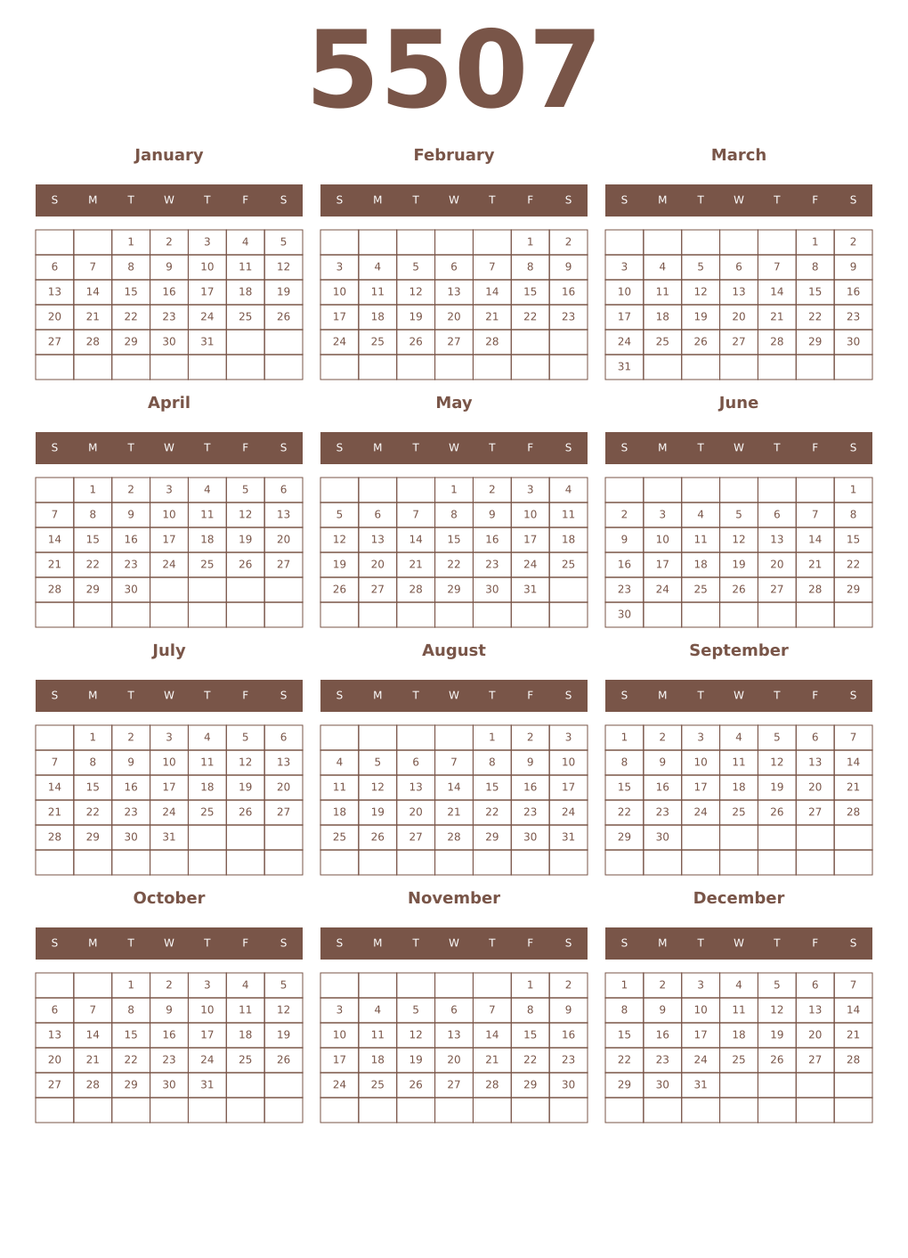 Printable 5507 Year Calendars coffe