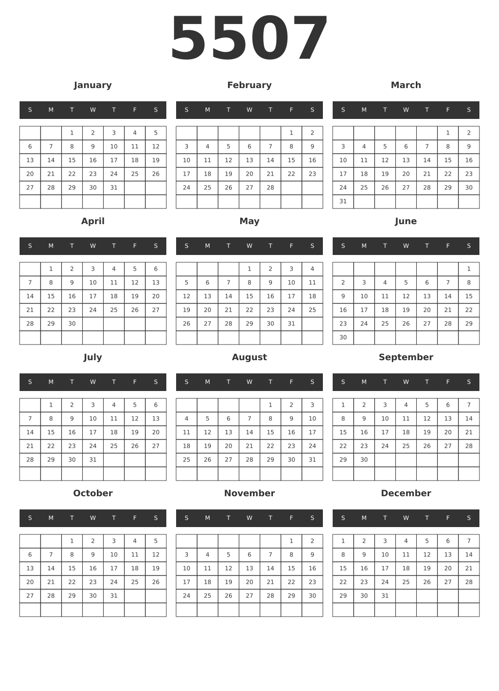 Printable 5507 Year Calendars dark