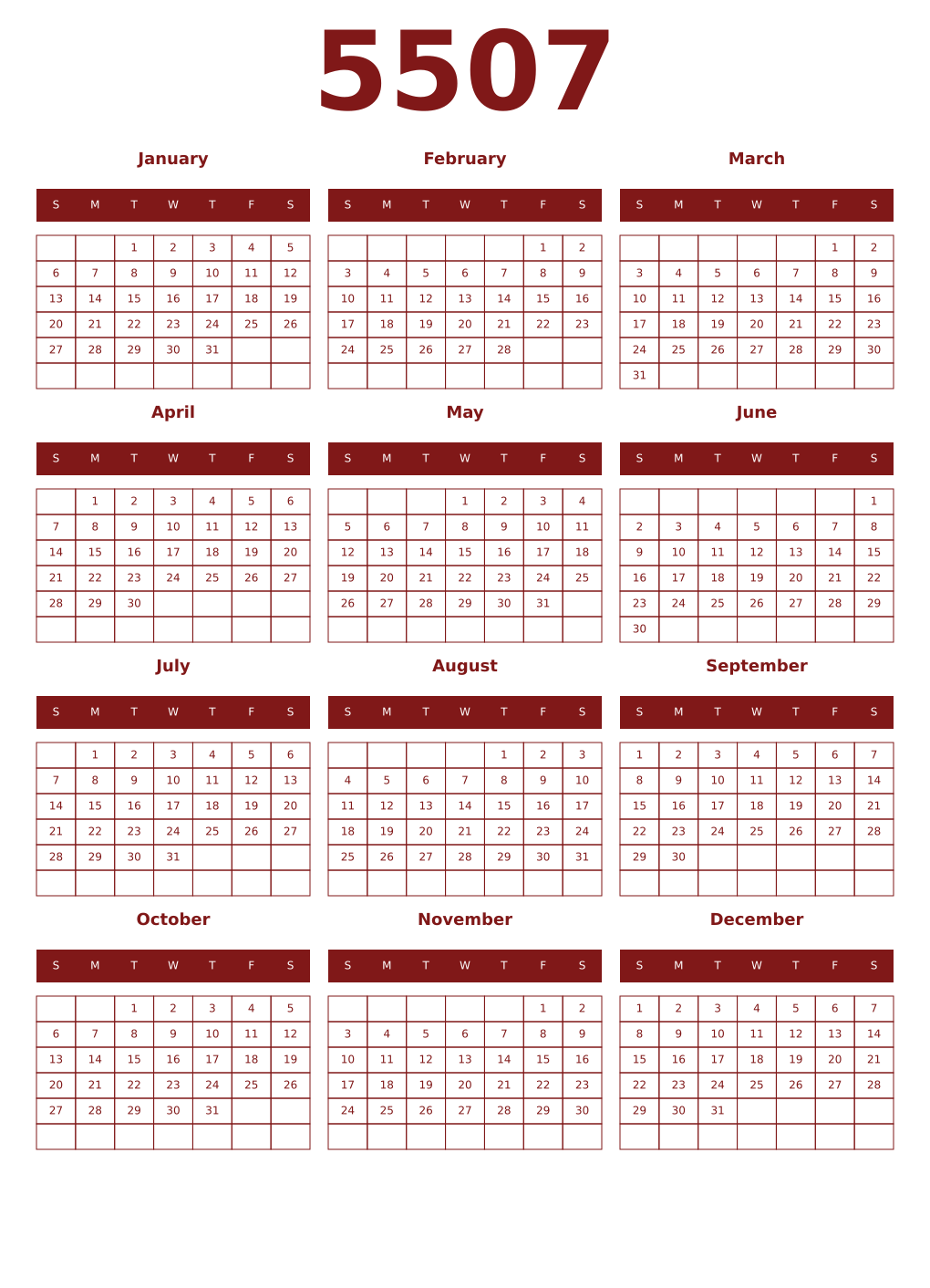 Printable 5507 Year Calendars falu