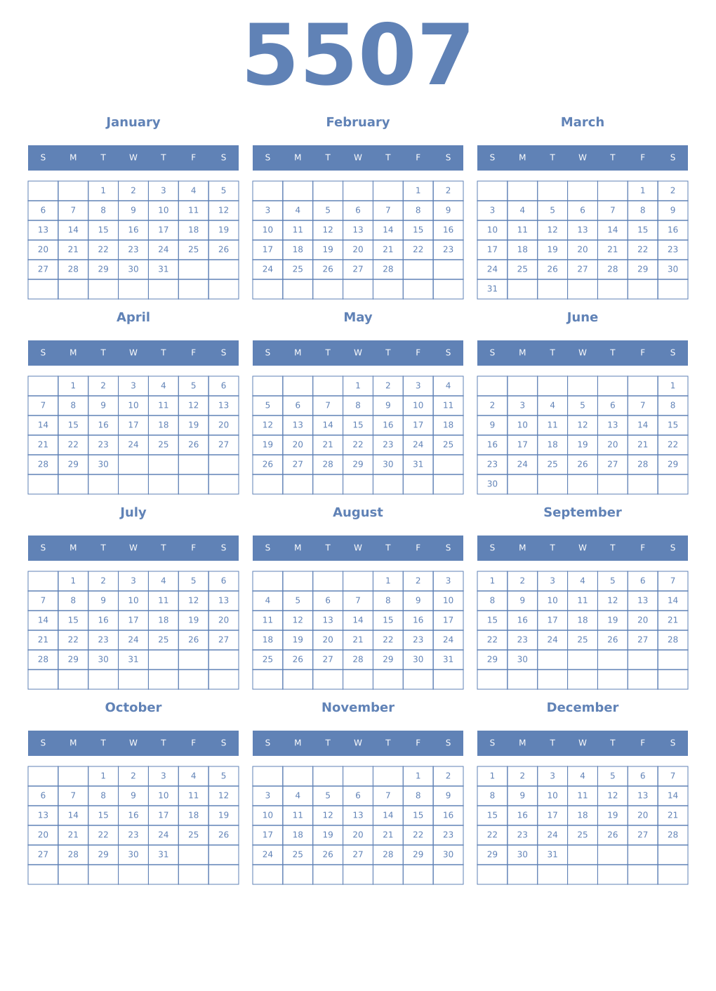 Printable 5507 Year Calendars glaucous