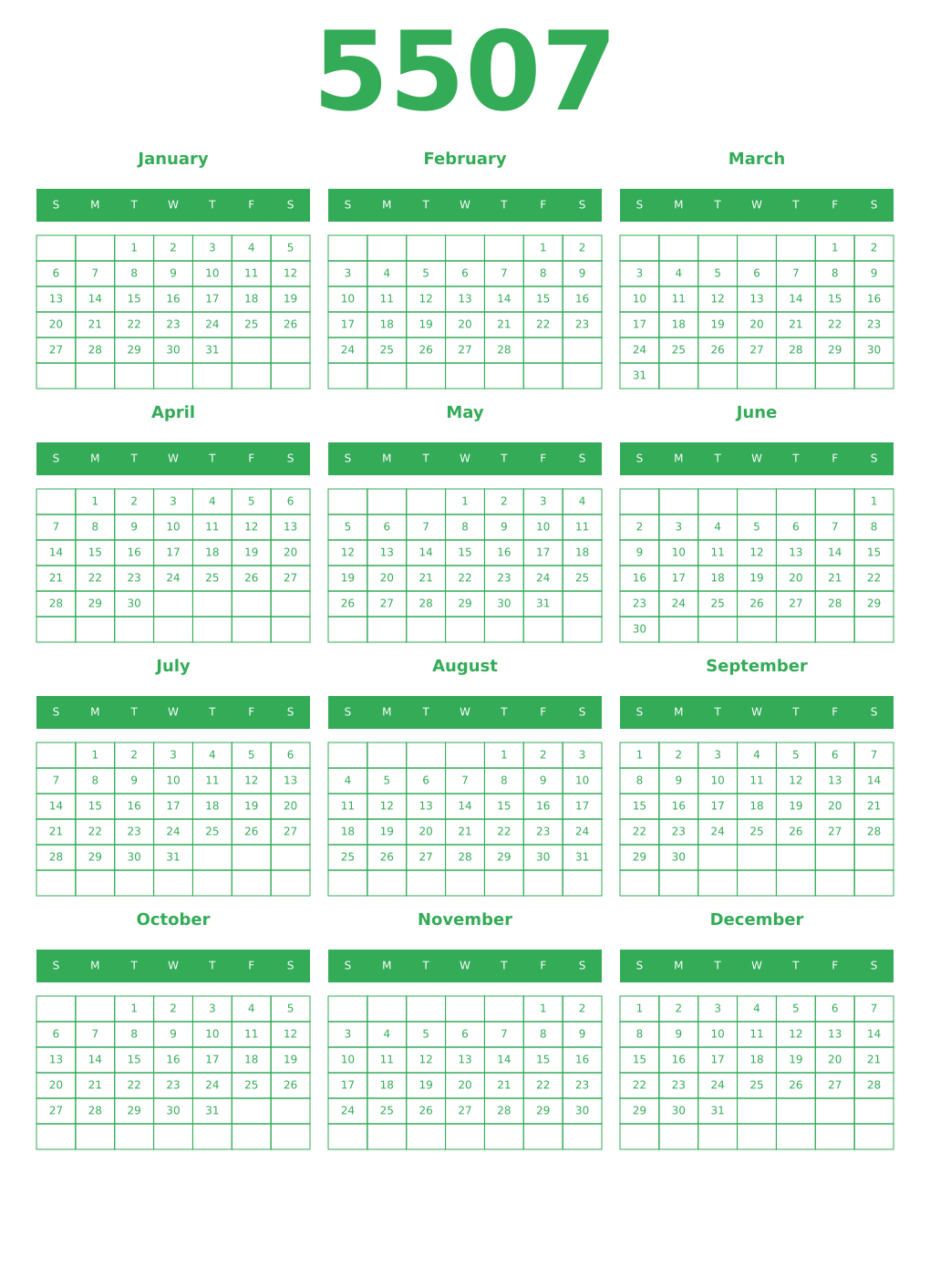 Printable 5507 Year Calendars green