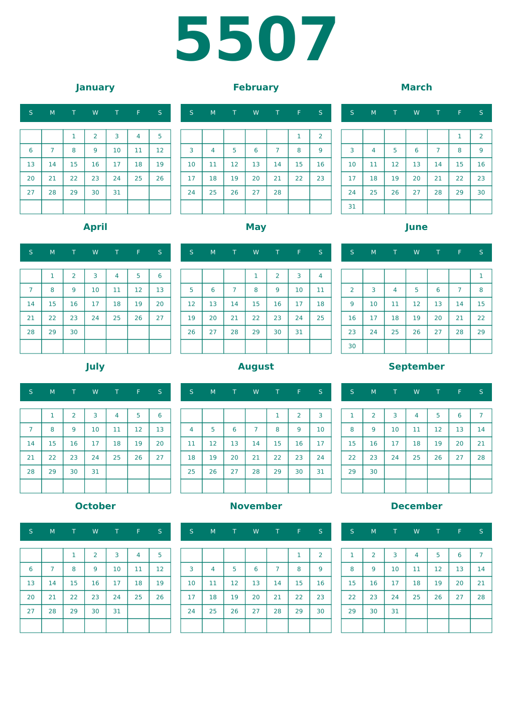 Printable 5507 Year Calendars pastel