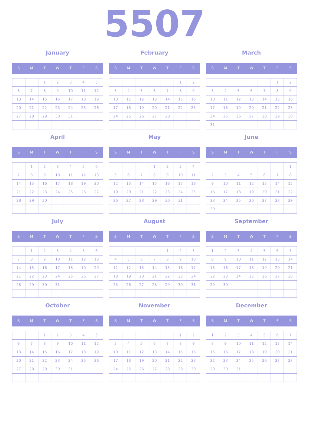 Printable 5507 Year Calendars periwinkle