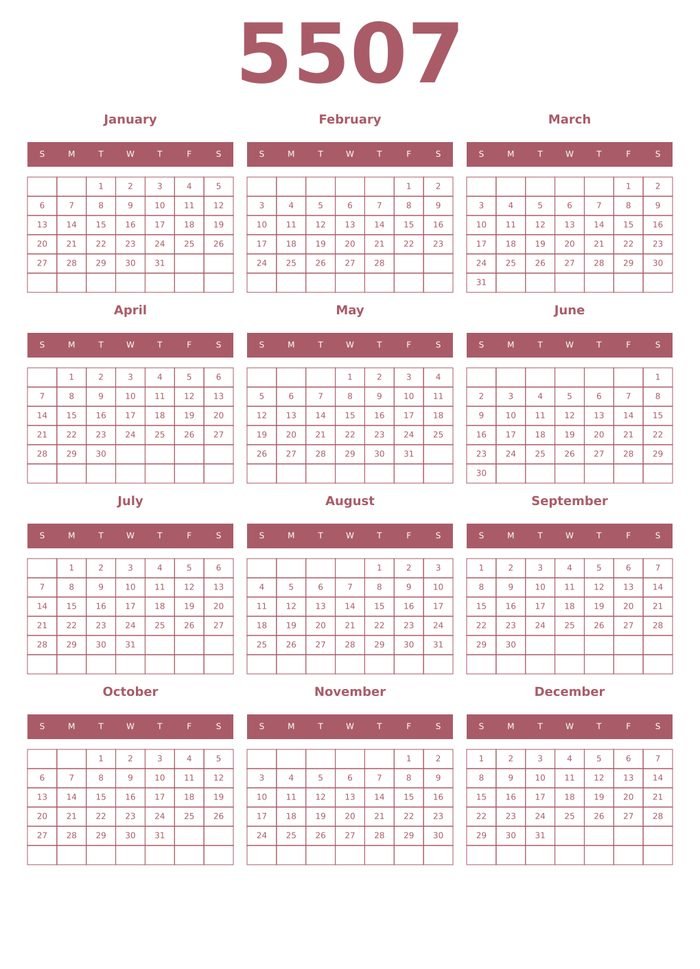 Printable 5507 Year Calendars puce