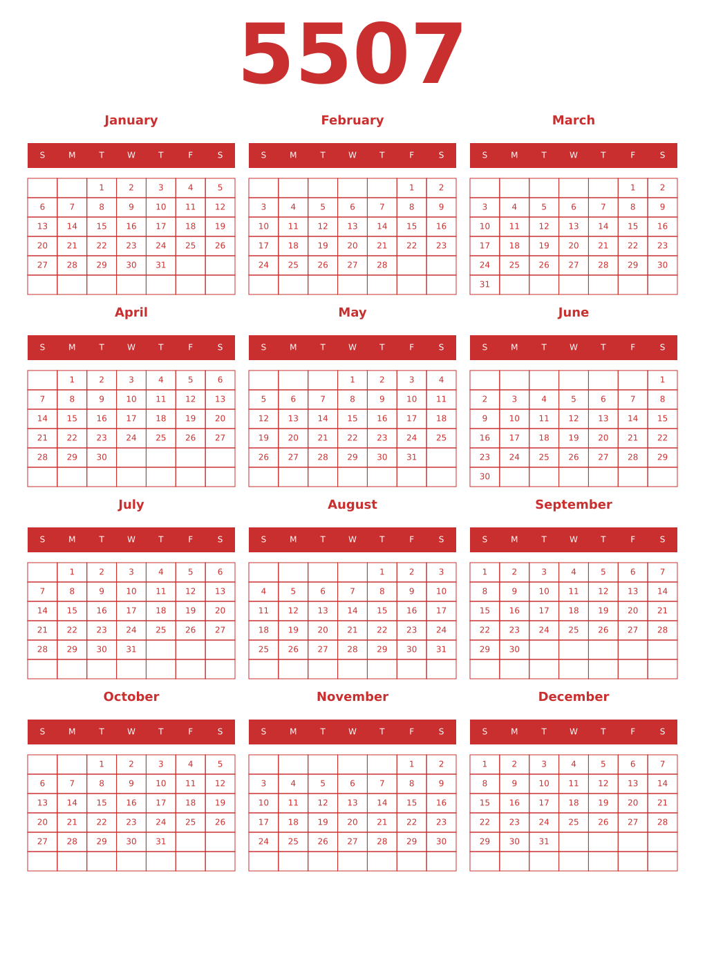 Printable 5507 Year Calendars red