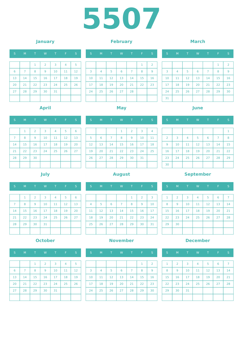 Printable 5507 Year Calendars verdigris