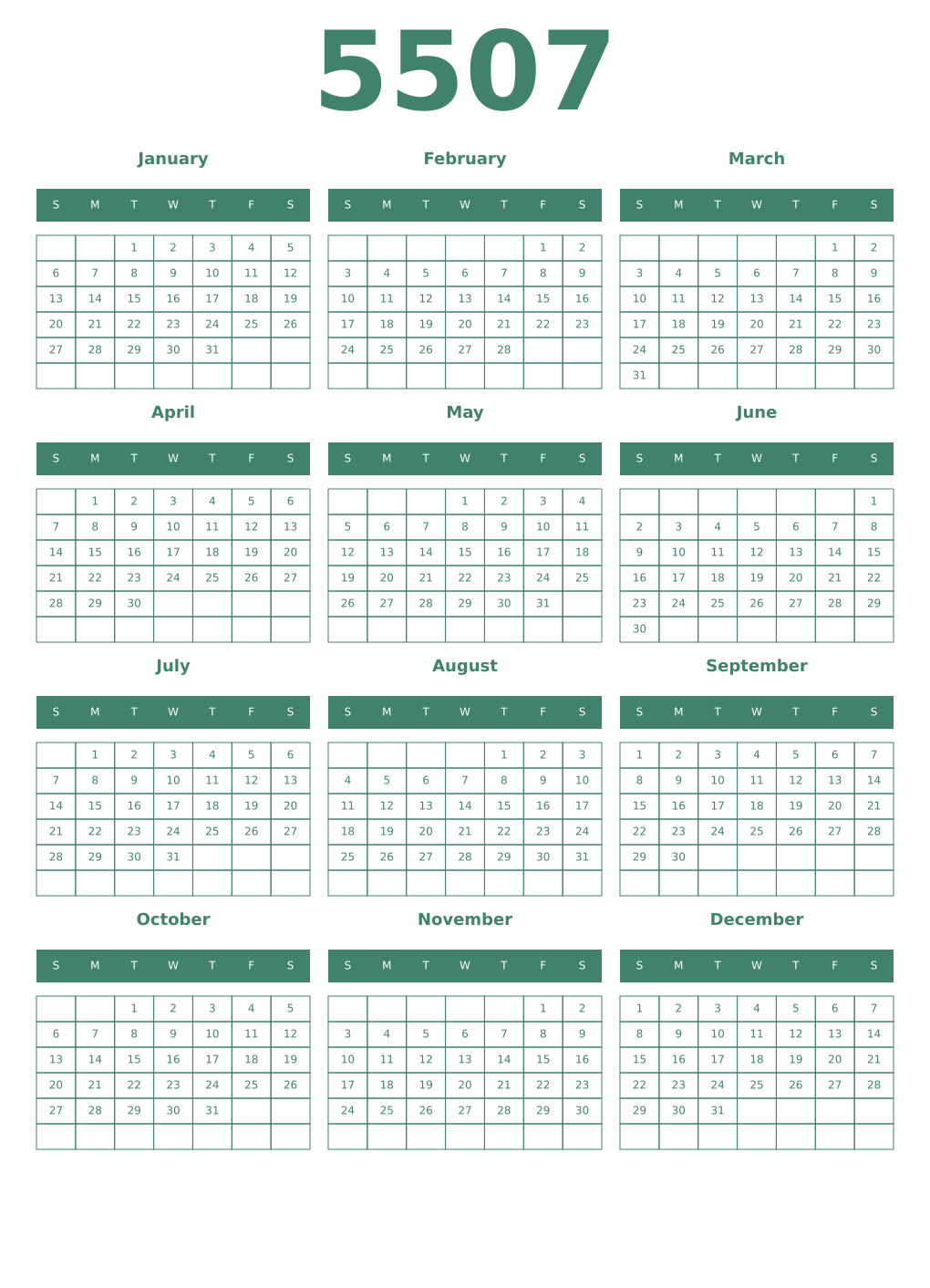 Printable 5507 Year Calendars viridian