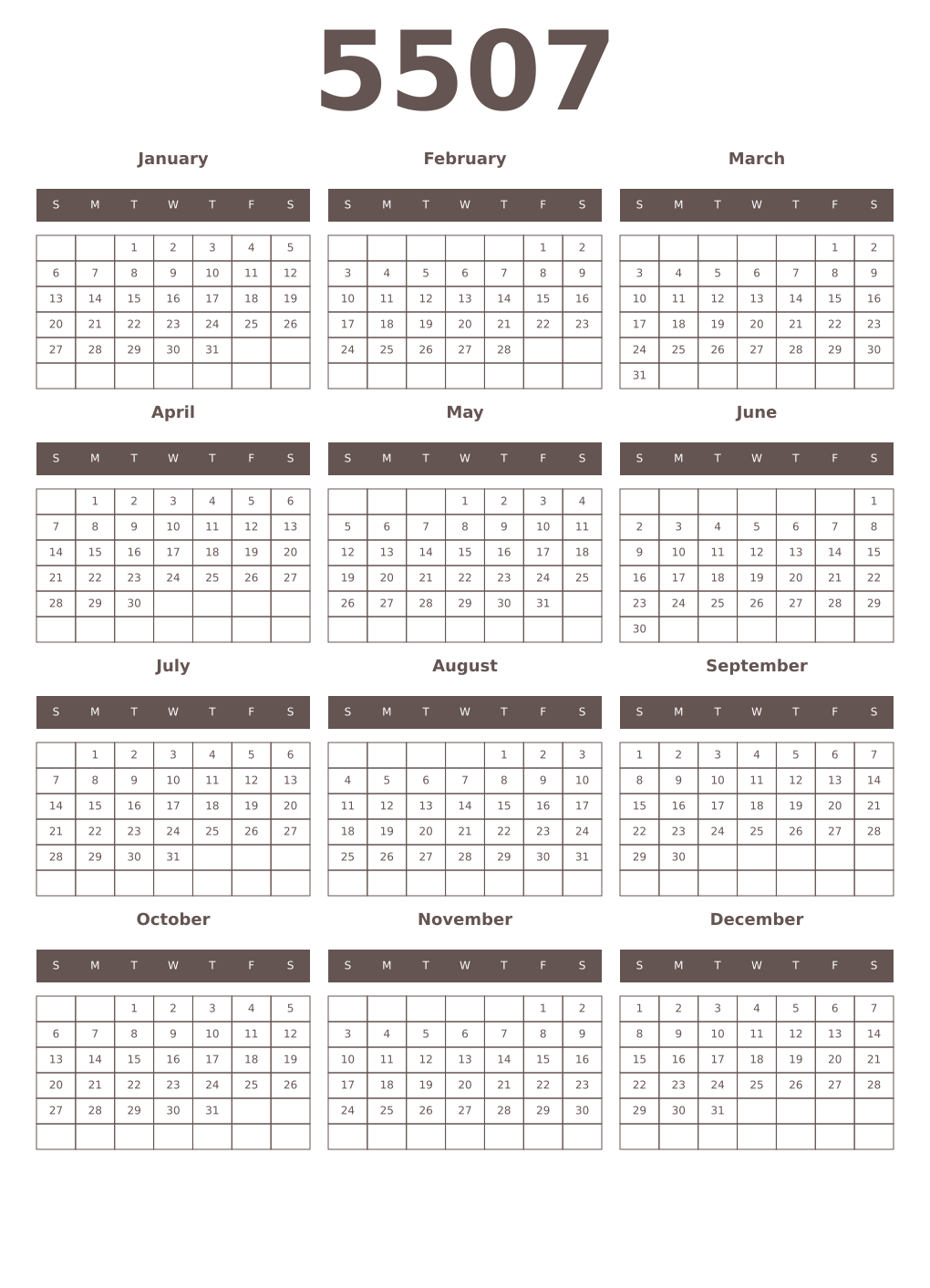 Printable 5507 Year Calendars wenge