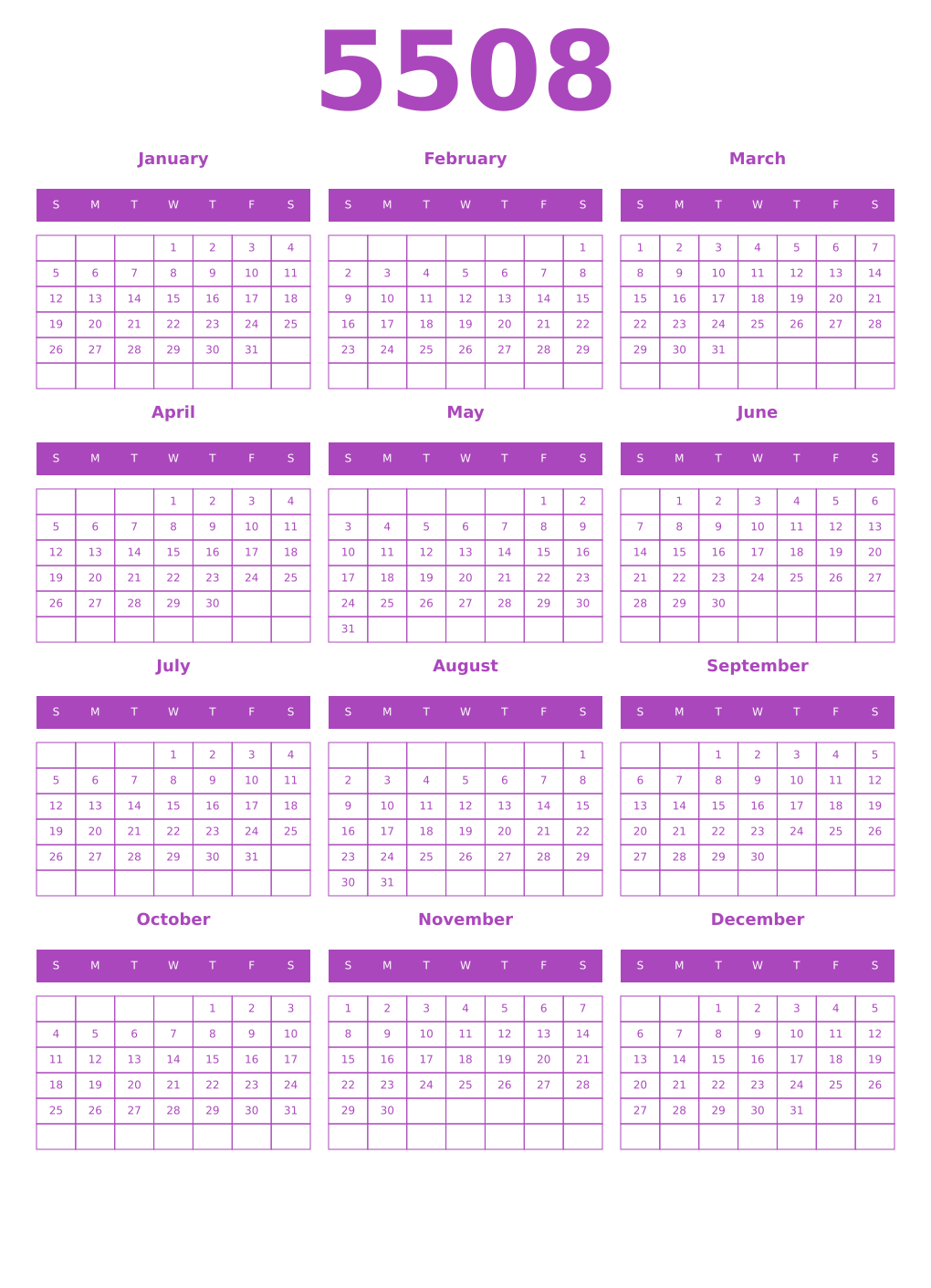 Printable 5508 Year Calendars purple