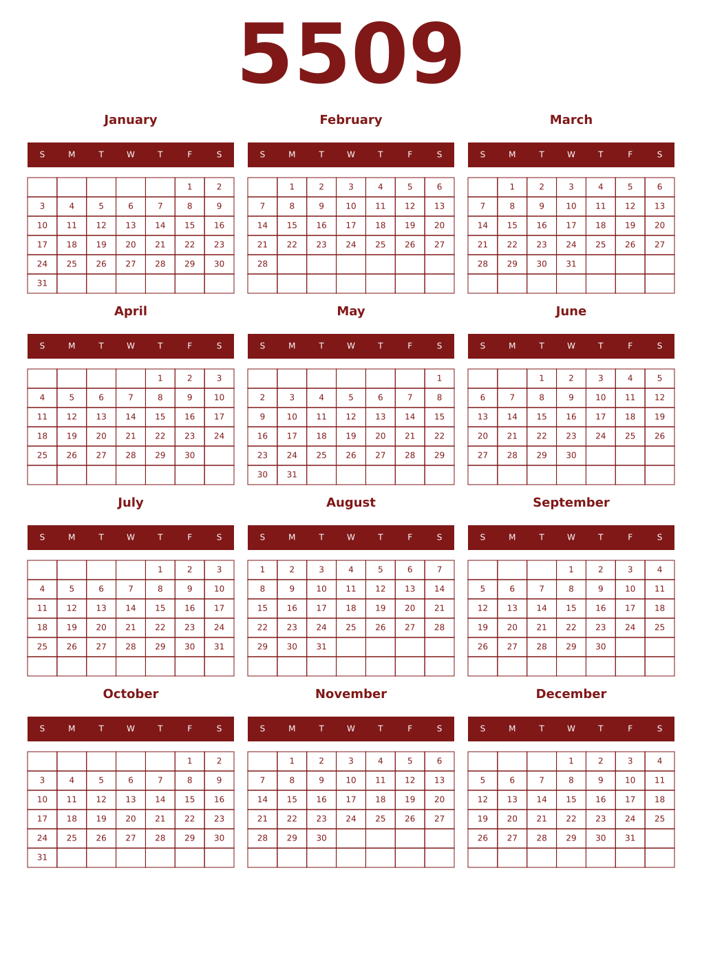 Printable 5509 Year Calendars falu