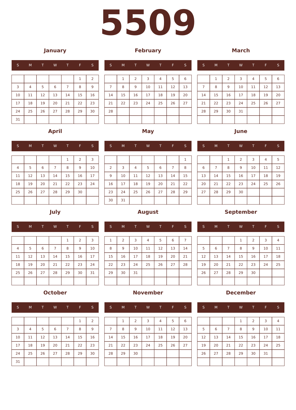 Printable 5509 Year Calendars mortuum