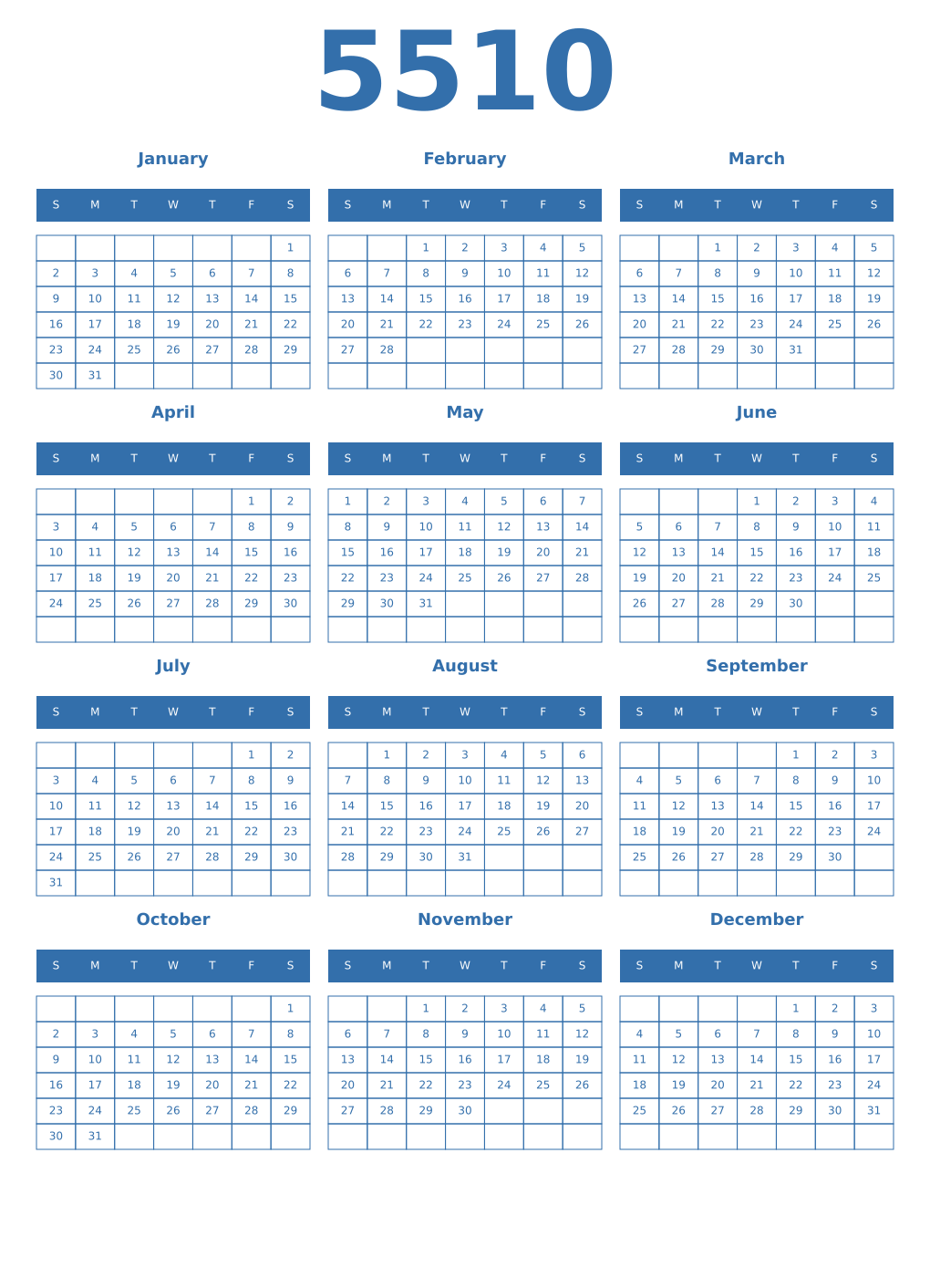 Printable 5510 Year Calendars blue