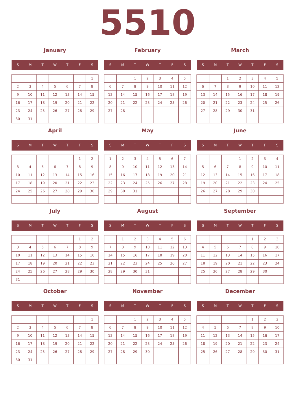 Printable 5510 Year Calendars cordovan