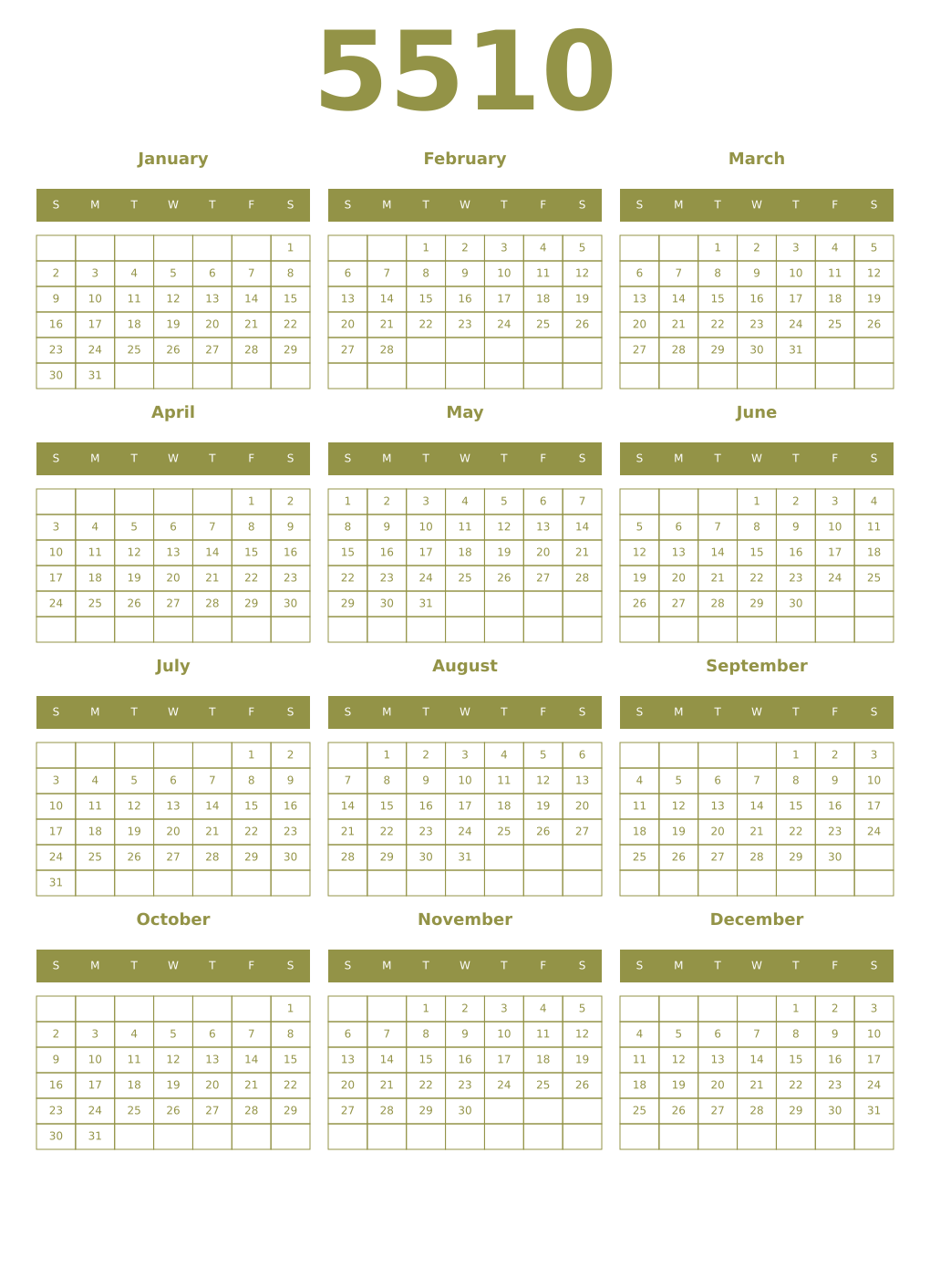 Printable 5510 Year Calendars eburnean