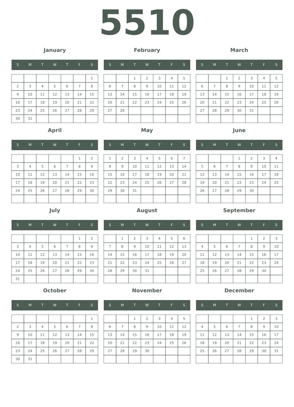 Printable 5510 Year Calendars feldgrau