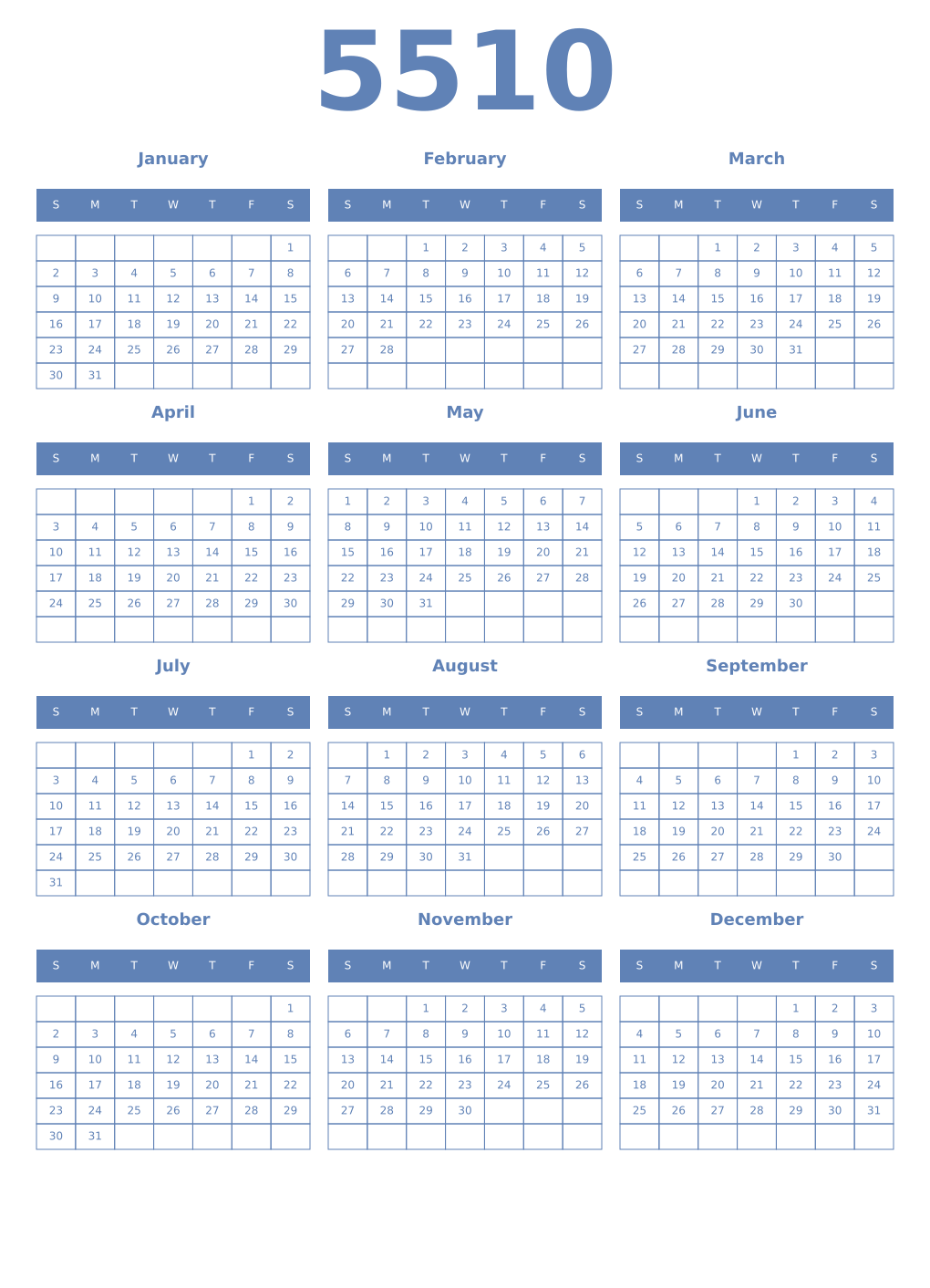Printable 5510 Year Calendars glaucous