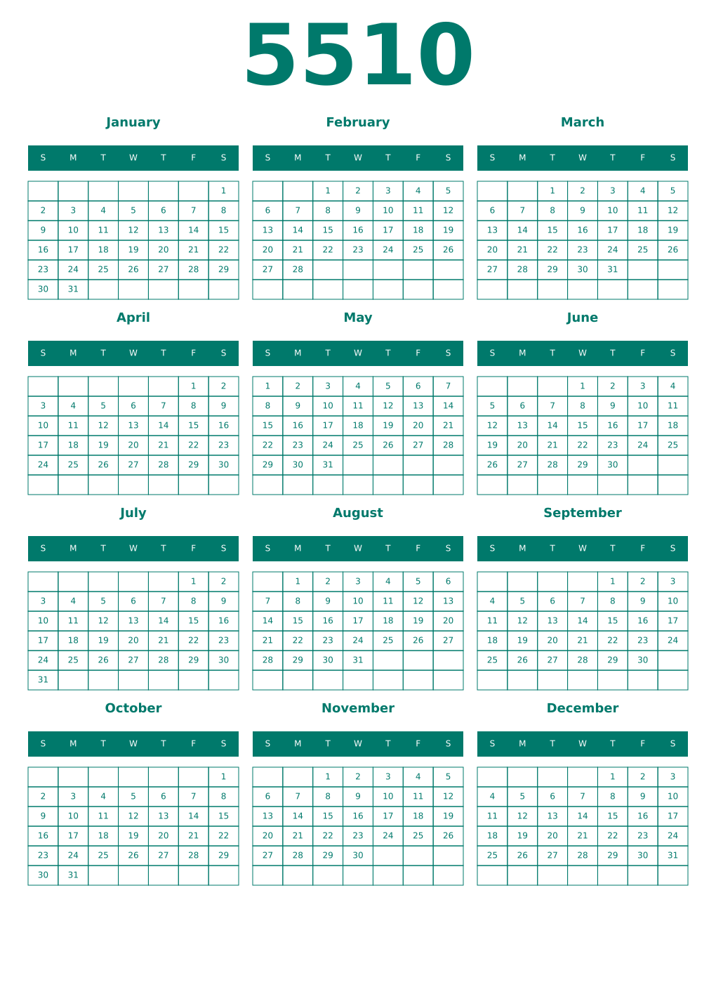 Printable 5510 Year Calendars pastel