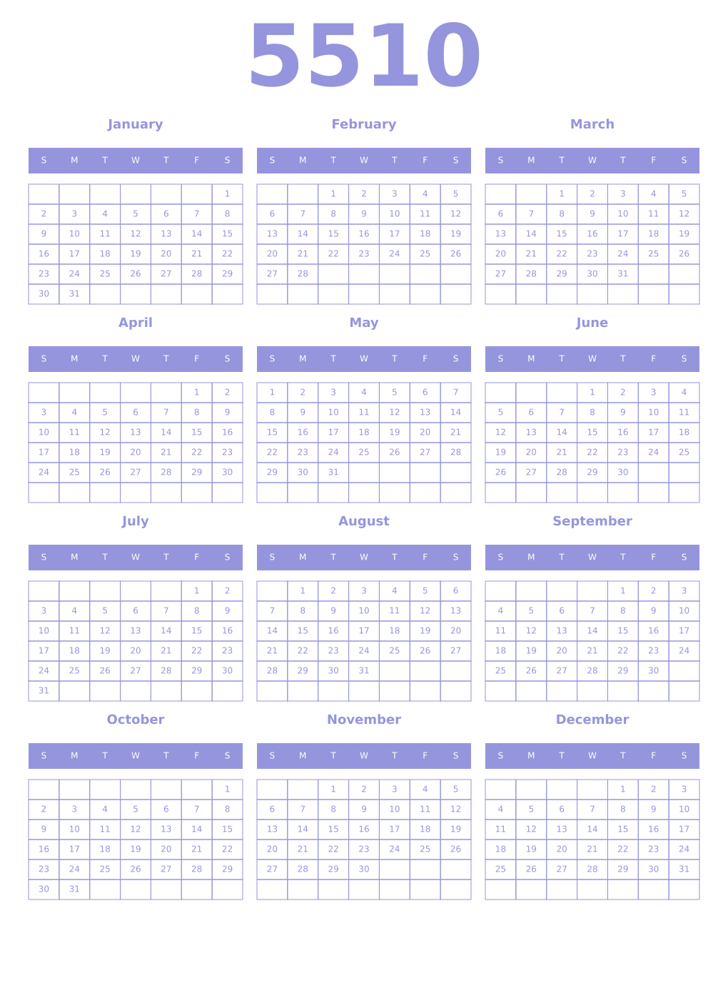 Printable 5510 Year Calendars periwinkle