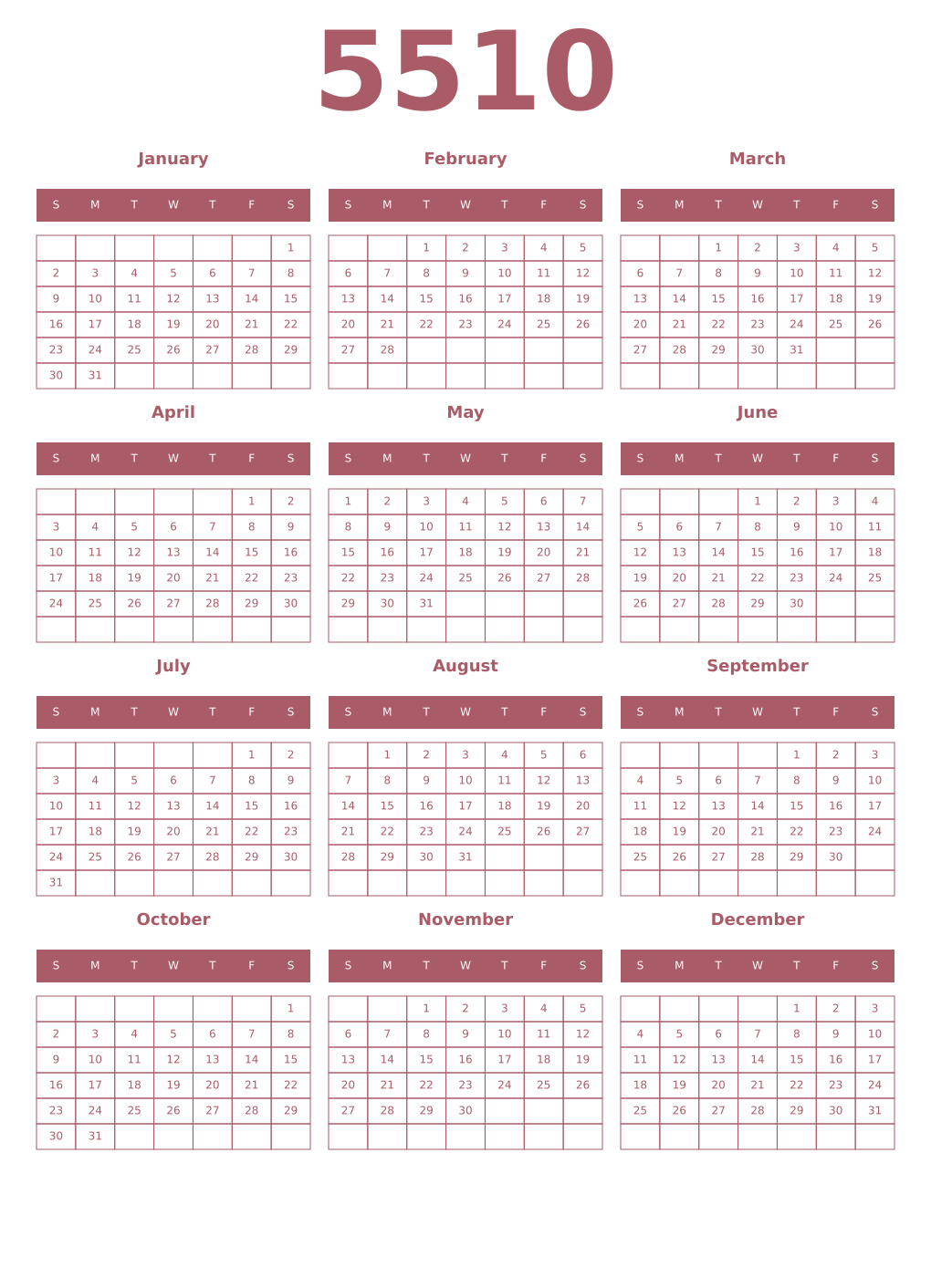 Printable 5510 Year Calendars puce